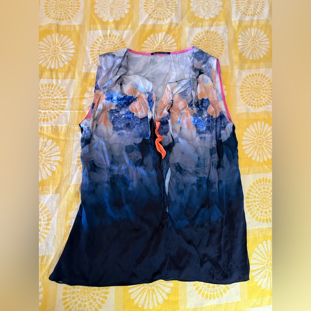 Elie Tahari Floral Silk Sleeveless Blouse - Blue and Orange